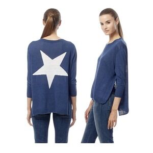 360 Sweater Women's‎ Blue Linen Star Print 3/4 Sleeve Side Slit Knit Top